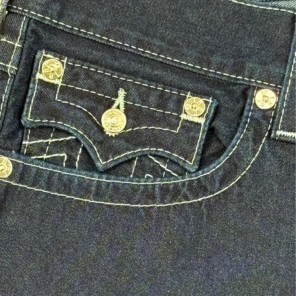 True Religion Mens Jeans 36 NWOT Y2K Skinny Flaps Dark Wash Blue Contrast Stitch